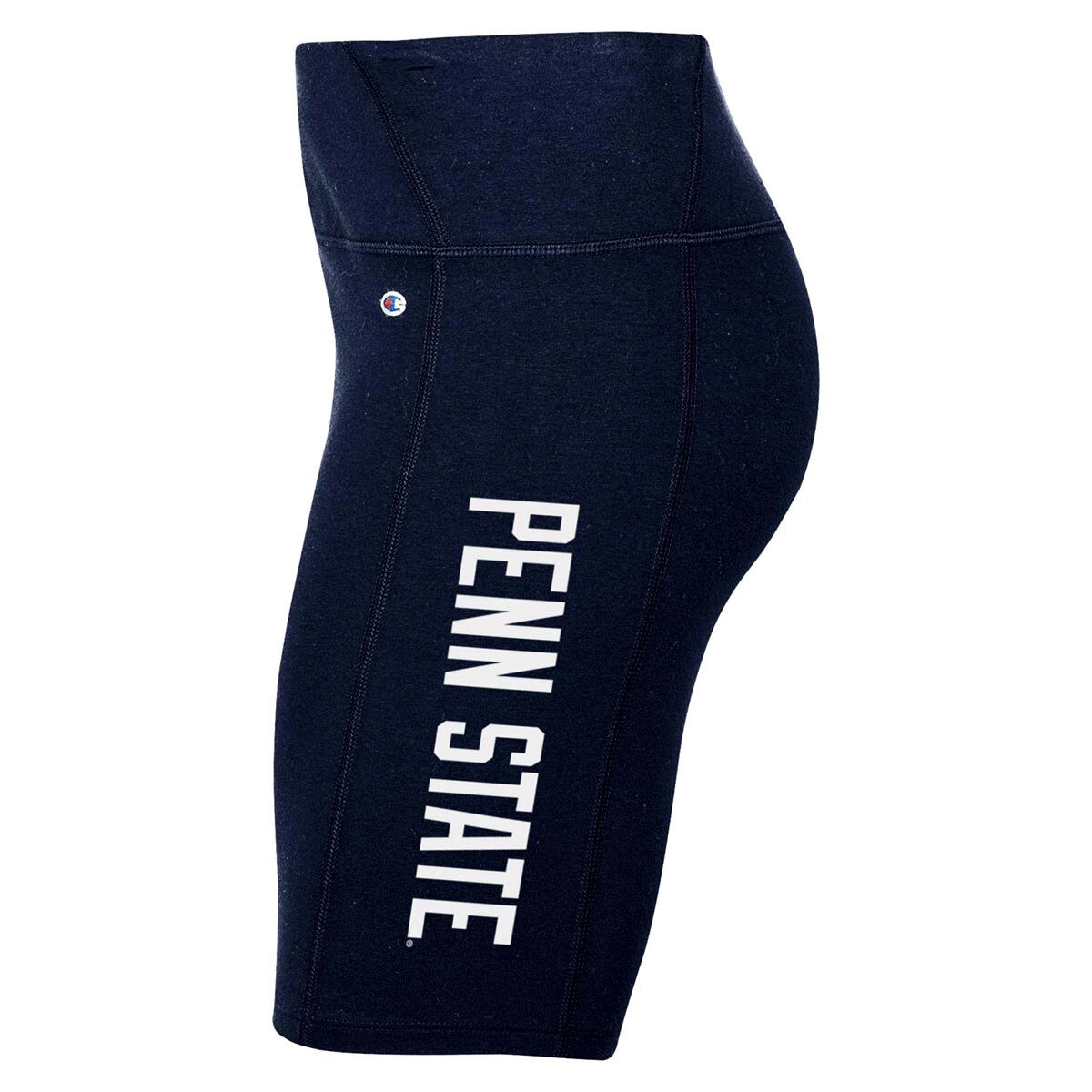 side view of women's navy blue biker shorts with white Penn State down left leg